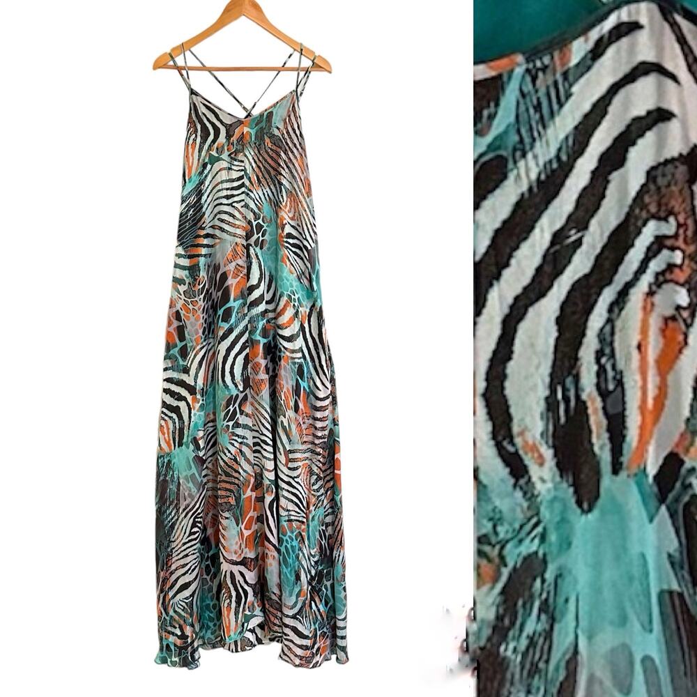 Guess Marciano Silk Abstract Zebra Animal Print Maxi Dress Resortwear
Size Small